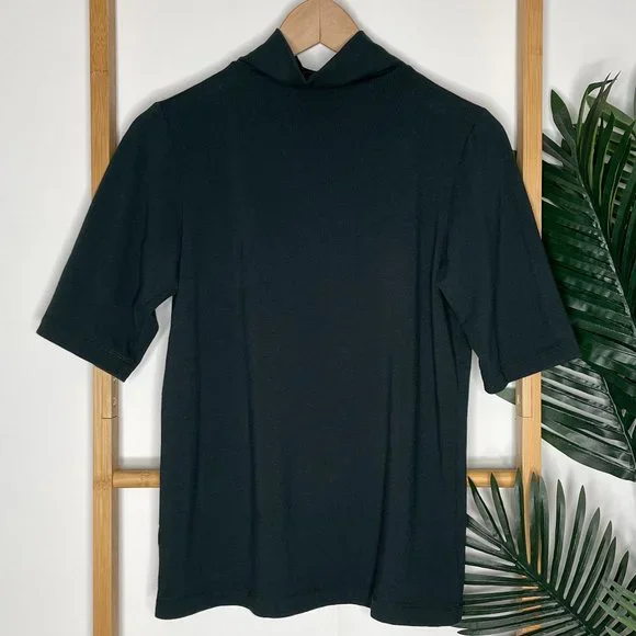 SOLD Trenery Dark Forest Green Mock Neck 1/2 Sleeve T-Shirt Top Size S Cotton - Picture 2 of 10